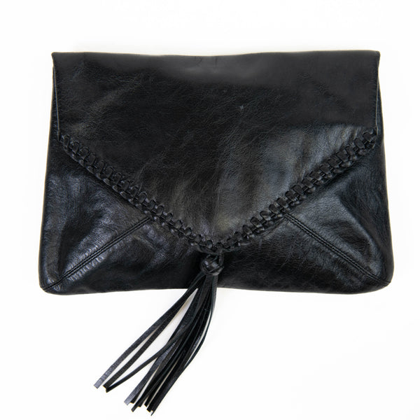 Dries Van Noten Black Leather Fringe Envelope Clutch