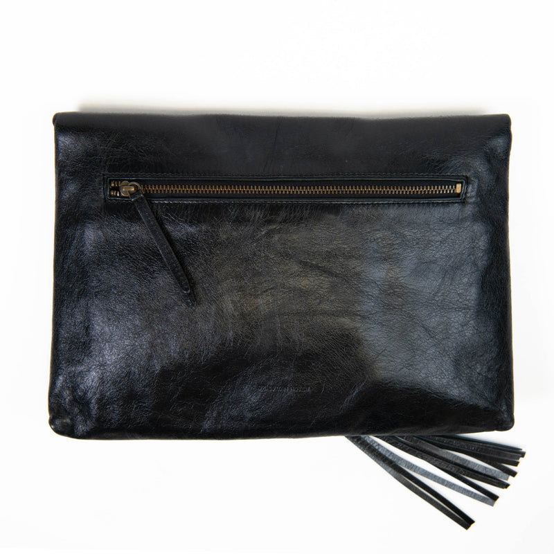 Dries Van Noten Black Leather Fringe Envelope Clutch