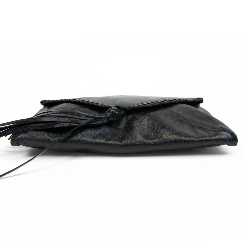 Dries Van Noten Black Leather Fringe Envelope Clutch