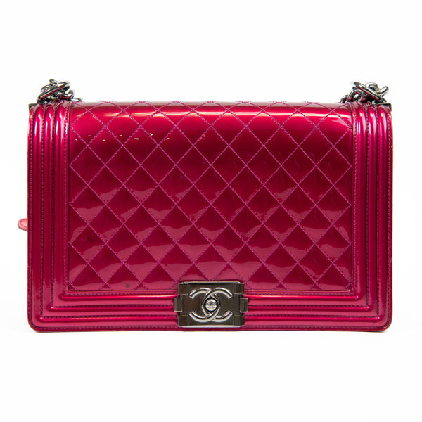 Chanel Metallic Fuchsia Patent Quilted New Medium Boy Flap