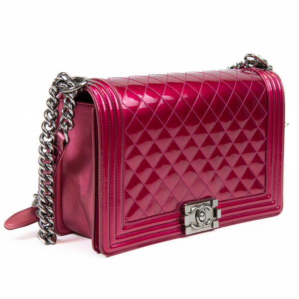 Chanel Metallic Fuchsia Patent Quilted New Medium Boy Flap