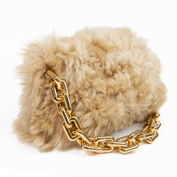 Bottega Veneta Beige Shearling Lambskin The Pouch Chain Shoulder Bag