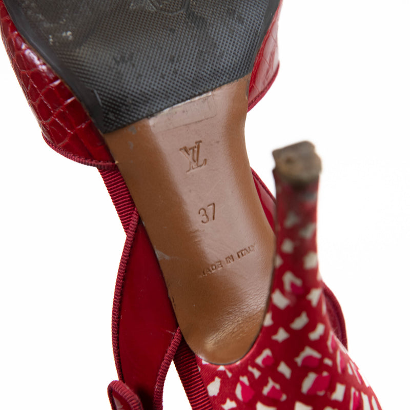 Louis Vuitton Red Croc Embossed Leather Printed Silk Bow Lock Charm Detail Slingback Sandals 37