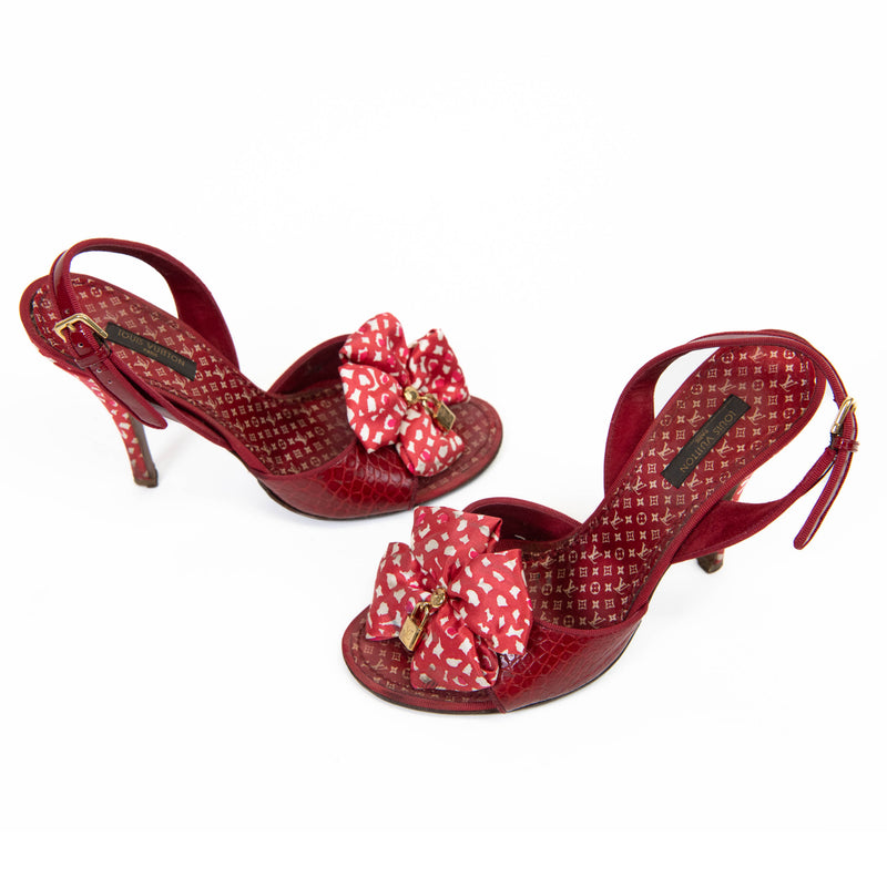 Louis Vuitton Red Croc Embossed Leather Printed Silk Bow Lock Charm Detail Slingback Sandals 37