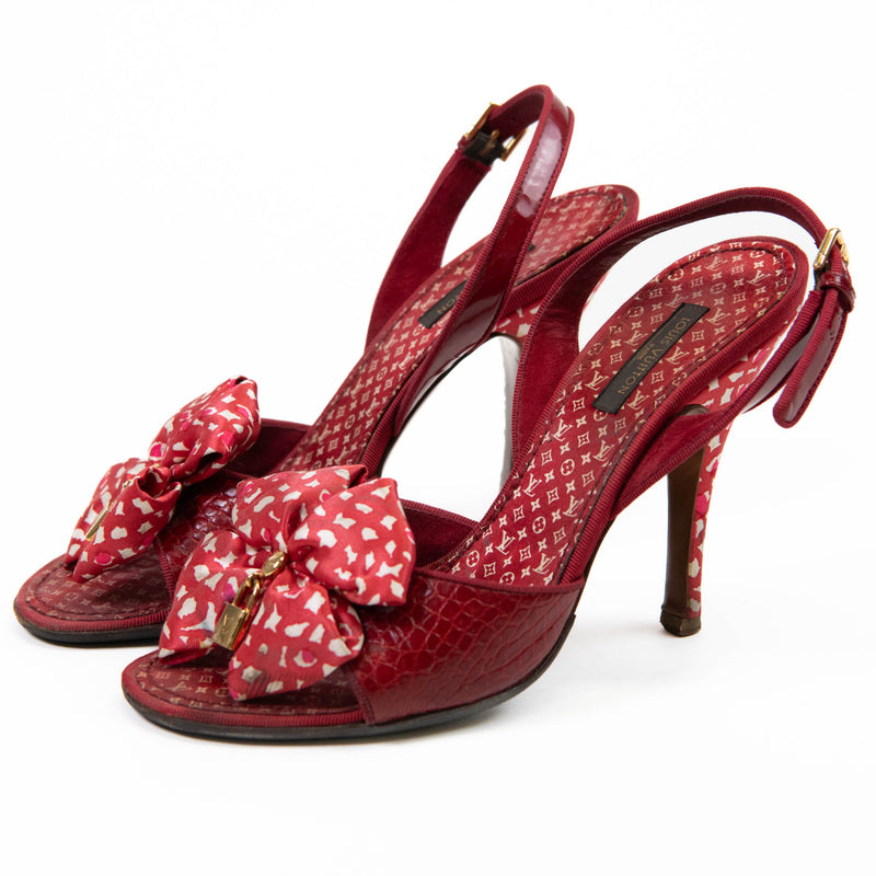 Louis Vuitton Red Croc Embossed Leather Printed Silk Bow Lock Charm Detail Slingback Sandals 37