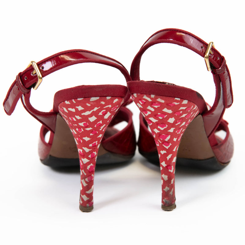 Louis Vuitton Red Croc Embossed Leather Printed Silk Bow Lock Charm Detail Slingback Sandals 37