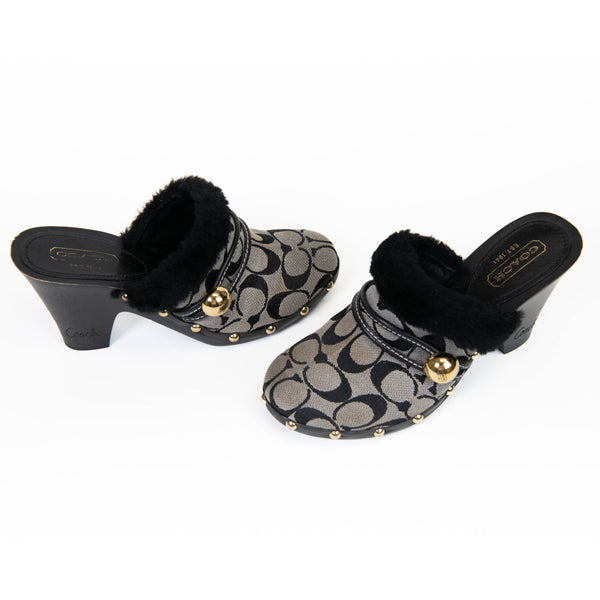 Coach Black & Grey Logo Ivanka Faux Fur Clogs 7