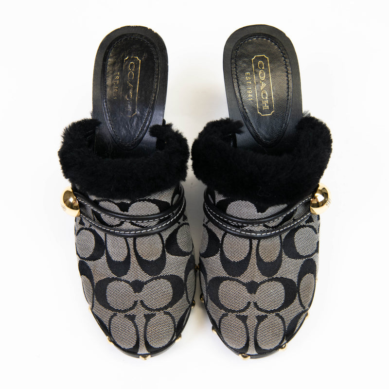 Coach Black & Grey Logo Ivanka Faux Fur Clogs 7