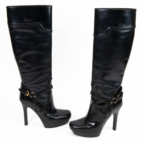 Gucci Black Leather Knee High Lace-Up Boots 7.5