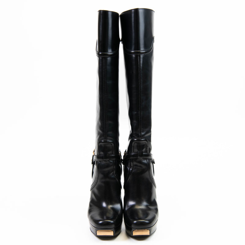 Gucci Black Leather Knee High Lace-Up Boots 7.5