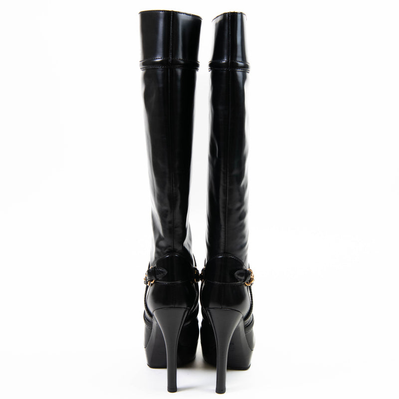 Gucci Black Leather Knee High Lace-Up Boots 7.5