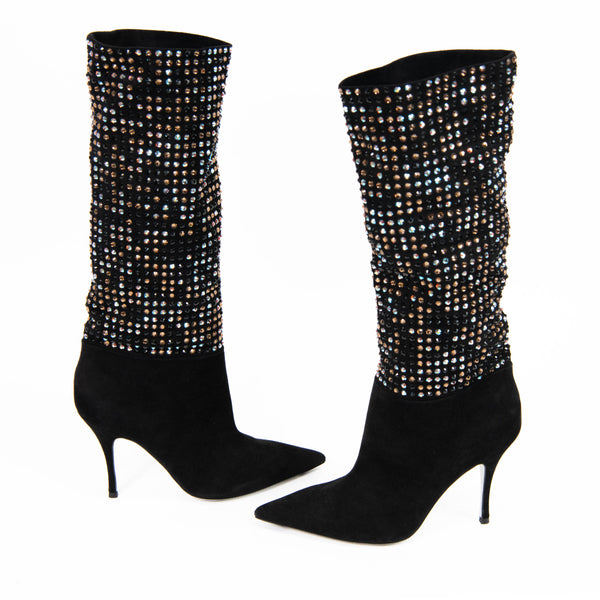 Rene Caovilla Black Suede and Multicolor Crystal Embellished Boots Size 37