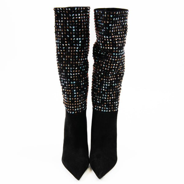 Rene Caovilla Black Suede and Multicolor Crystal Embellished Boots Size 37