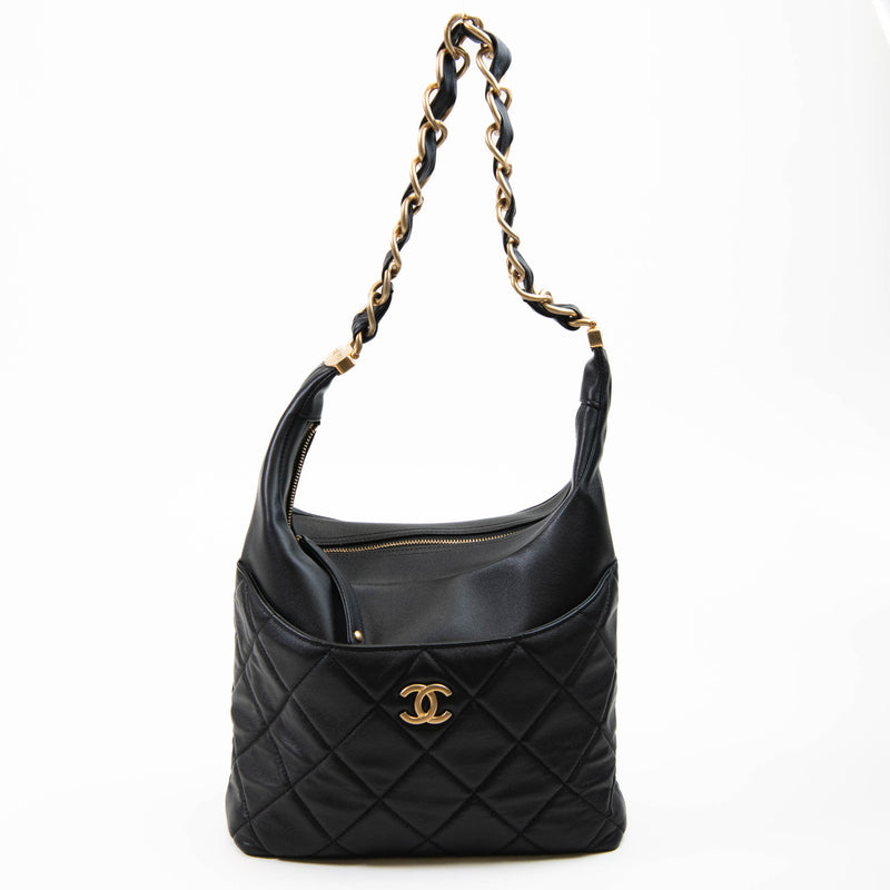 Chanel  Black Calfskin Leather Quilted Close To Me Hobo Shoulder Bag