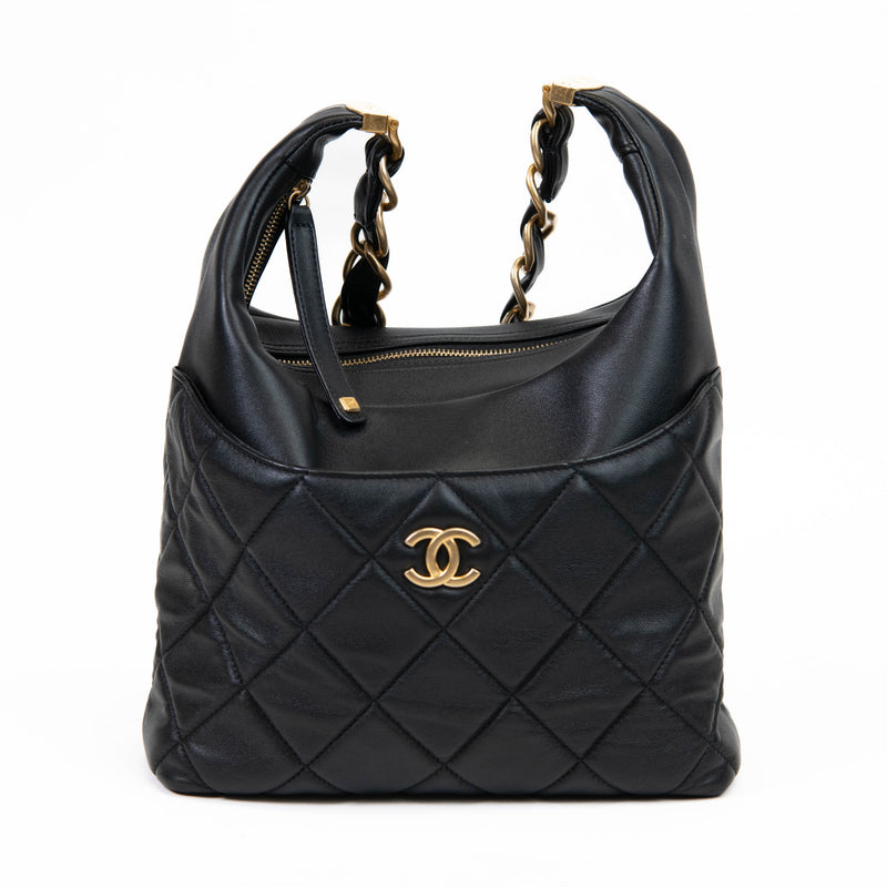 Chanel  Black Calfskin Leather Quilted Close To Me Hobo Shoulder Bag