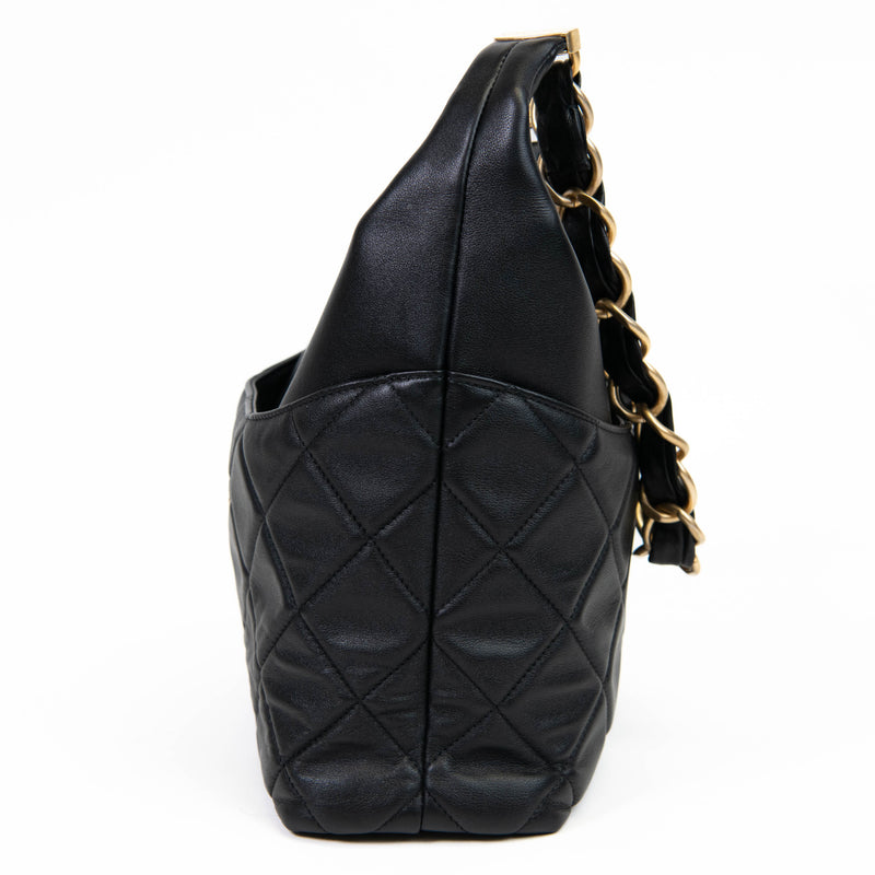 Chanel  Black Calfskin Leather Quilted Close To Me Hobo Shoulder Bag