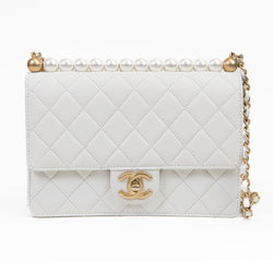 Chanel White Lambskin Quilted Small Chic Pearls Flap