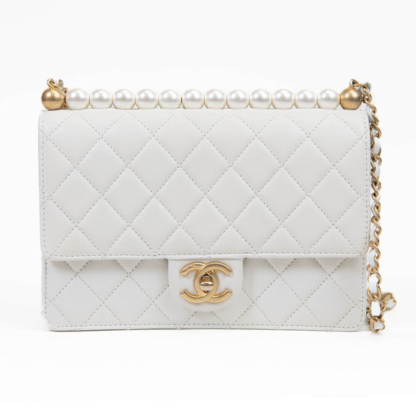 Chanel White Lambskin Quilted Small Chic Pearls Flap