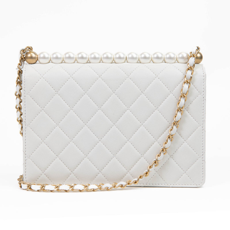 Chanel White Lambskin Quilted Small Chic Pearls Flap