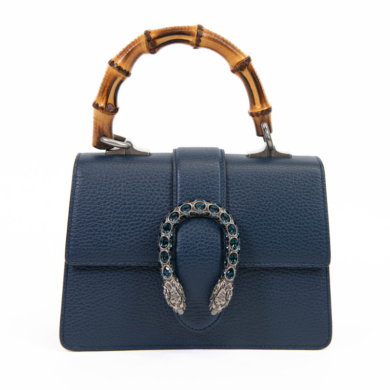 Gucci Blue Textured Calfskin Crystal Bamboo Web Mini Dionysus Top Handle Bag