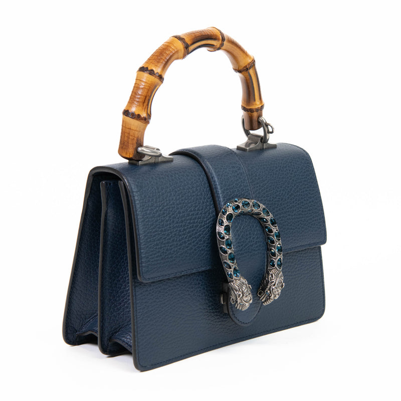 Gucci Blue Textured Calfskin Crystal Bamboo Web Mini Dionysus Top Handle Bag