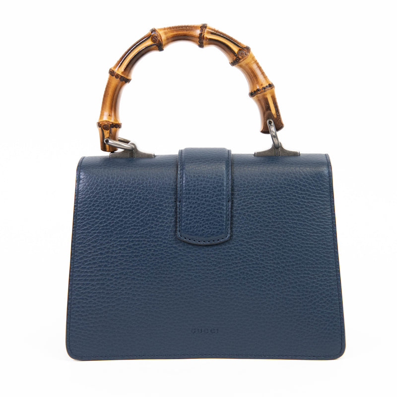 Gucci Blue Textured Calfskin Crystal Bamboo Web Mini Dionysus Top Handle Bag