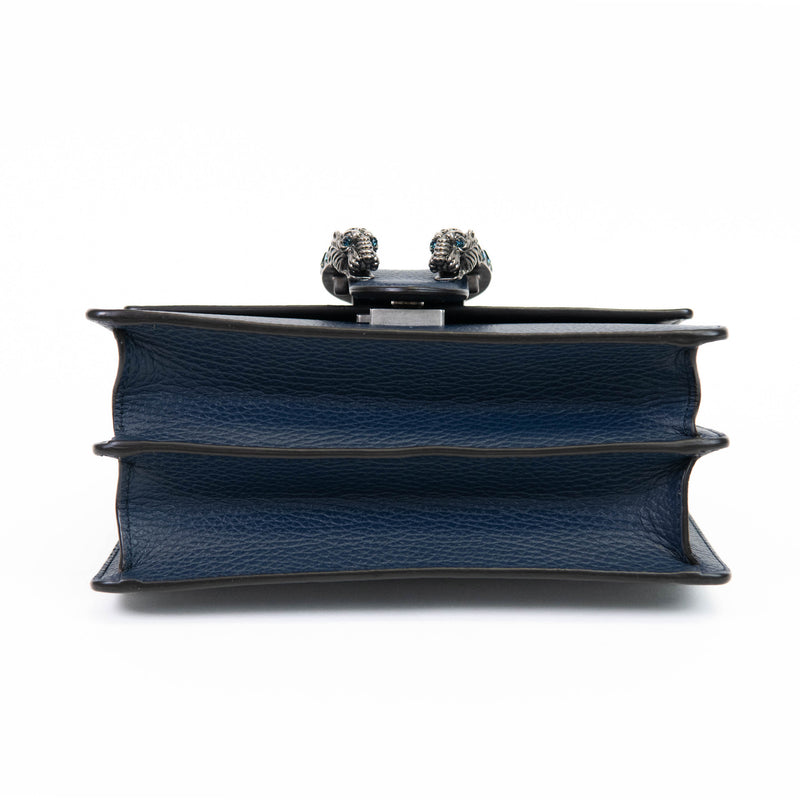 Gucci Blue Textured Calfskin Crystal Bamboo Web Mini Dionysus Top Handle Bag