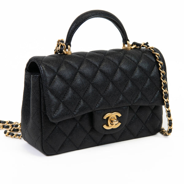 Chanel Black Caviar Leather Long Top Handle Flap Shoulder Bag Gold Hardware