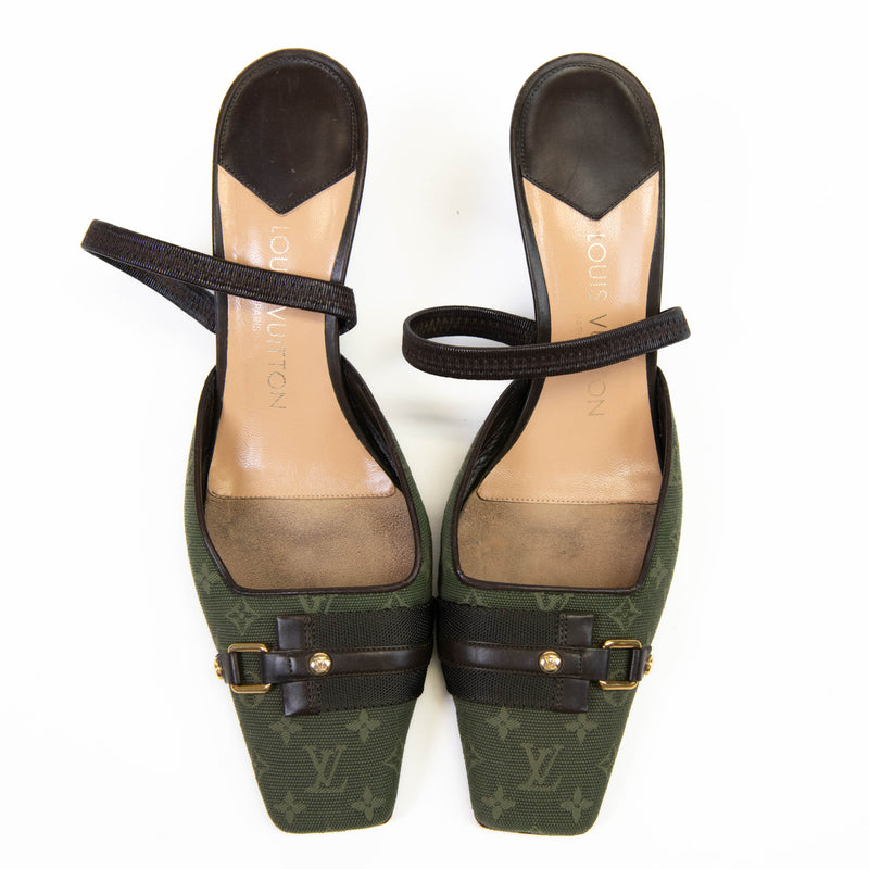 Louis Vuitton Green/Brown Monogram Mini Lin Canvas and Leather Slingback Pumps 38.5