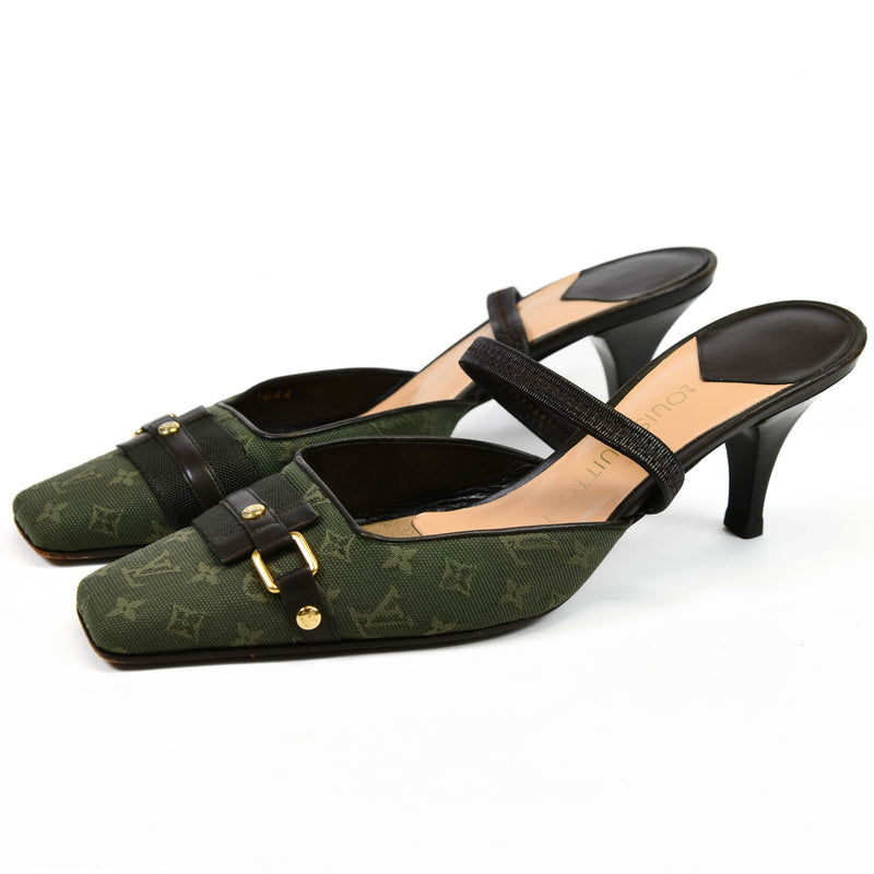 Louis Vuitton Green/Brown Monogram Mini Lin Canvas and Leather Slingback Pumps 38.5