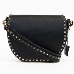 Valentino Garavani Black Grained Calfskin Rockstud Saddle Bag