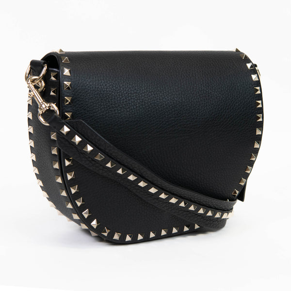 Valentino Garavani Black Grained Calfskin Rockstud Saddle Bag