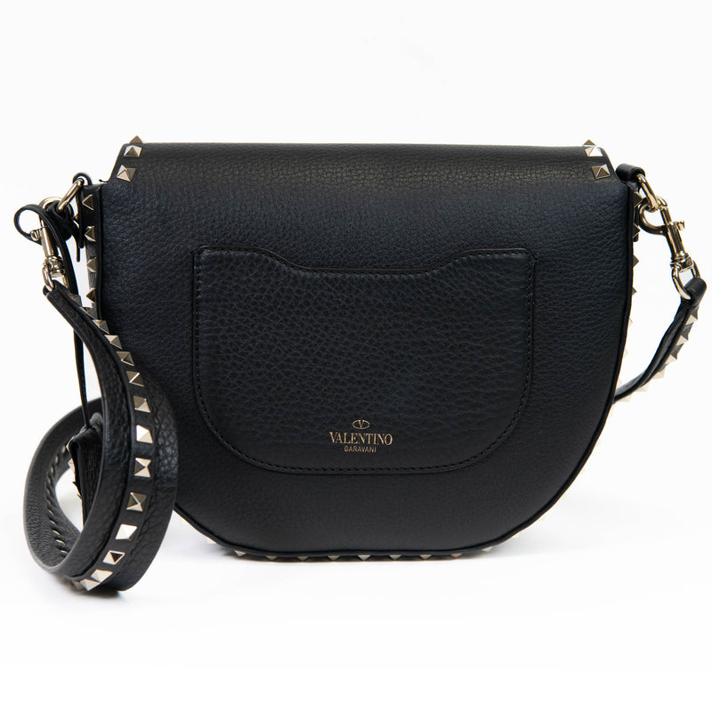 Valentino Garavani Black Grained Calfskin Rockstud Saddle Bag