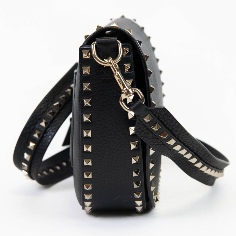 Valentino Garavani Black Grained Calfskin Rockstud Saddle Bag