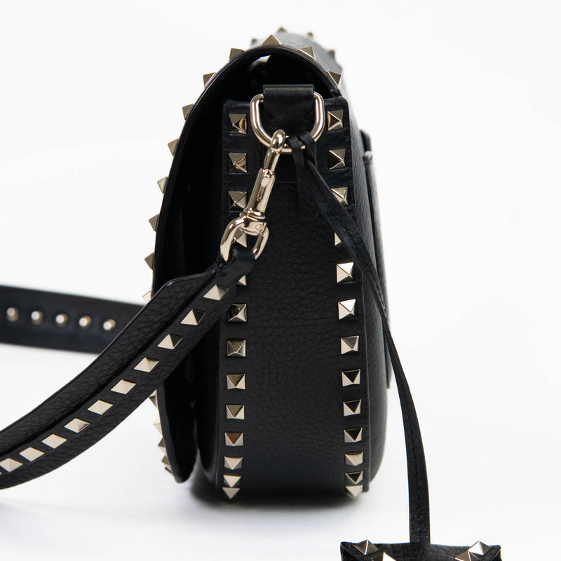 Valentino Garavani Black Grained Calfskin Rockstud Saddle Bag