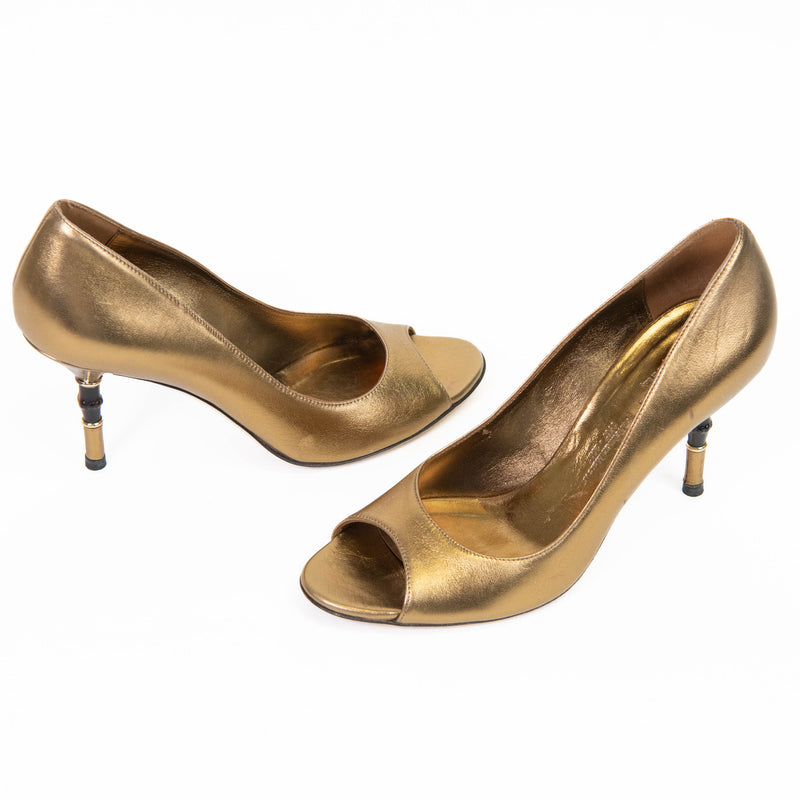 Gucci Gold Leather Limited Edition Bamboo Heels Size 6