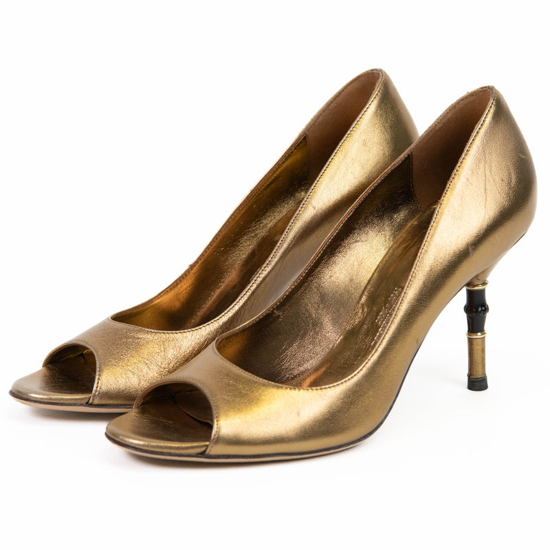 Gucci Gold Leather Limited Edition Bamboo Heels Size 6