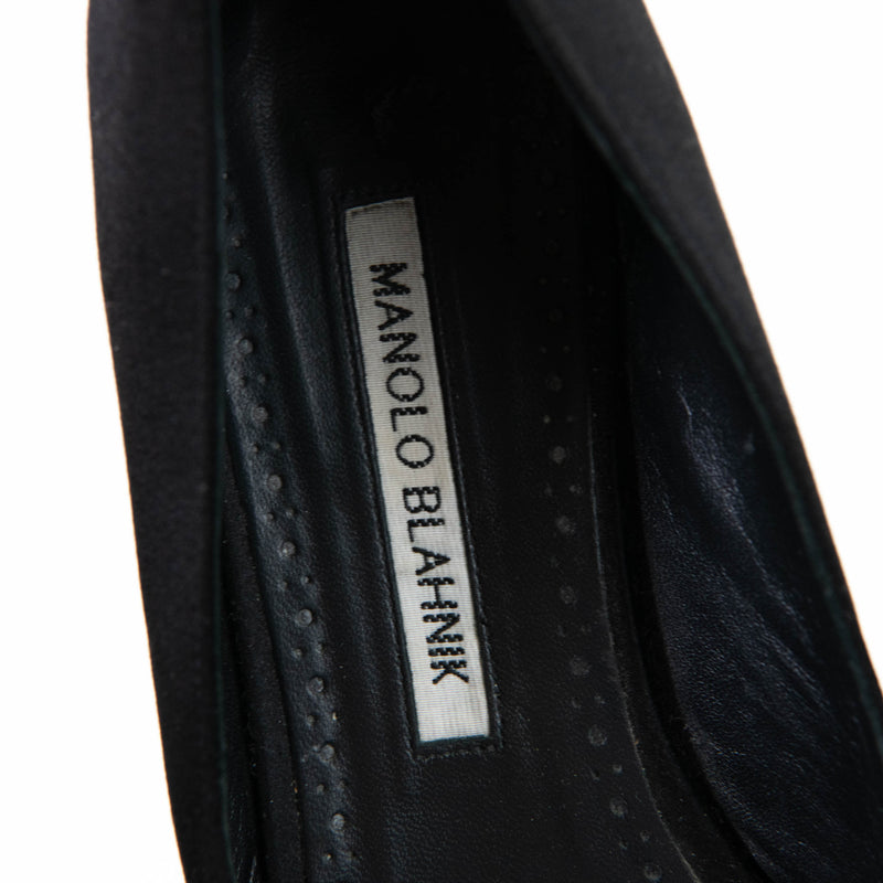 Manolo Blahnik Black Satin Pointed Toe Crystal Buckle Flats Size 38