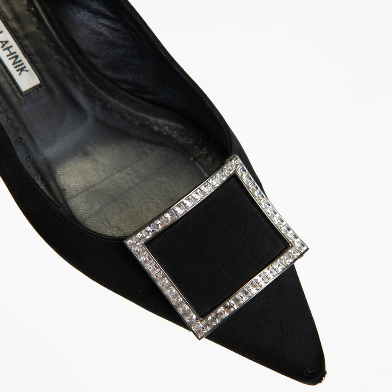 Manolo Blahnik Black Satin Pointed Toe Crystal Buckle Flats Size 38