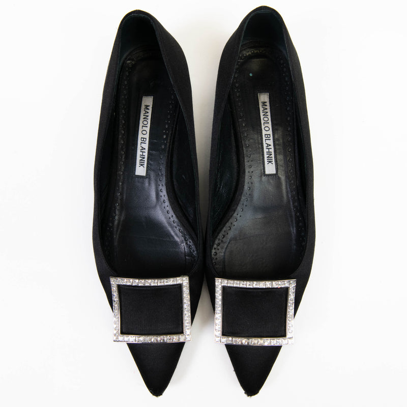 Manolo Blahnik Black Satin Pointed Toe Crystal Buckle Flats Size 38