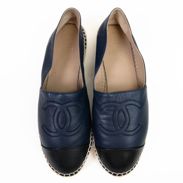 Chanel Blue/Black Leather CC Cap Toe Espadrilles Flats 38