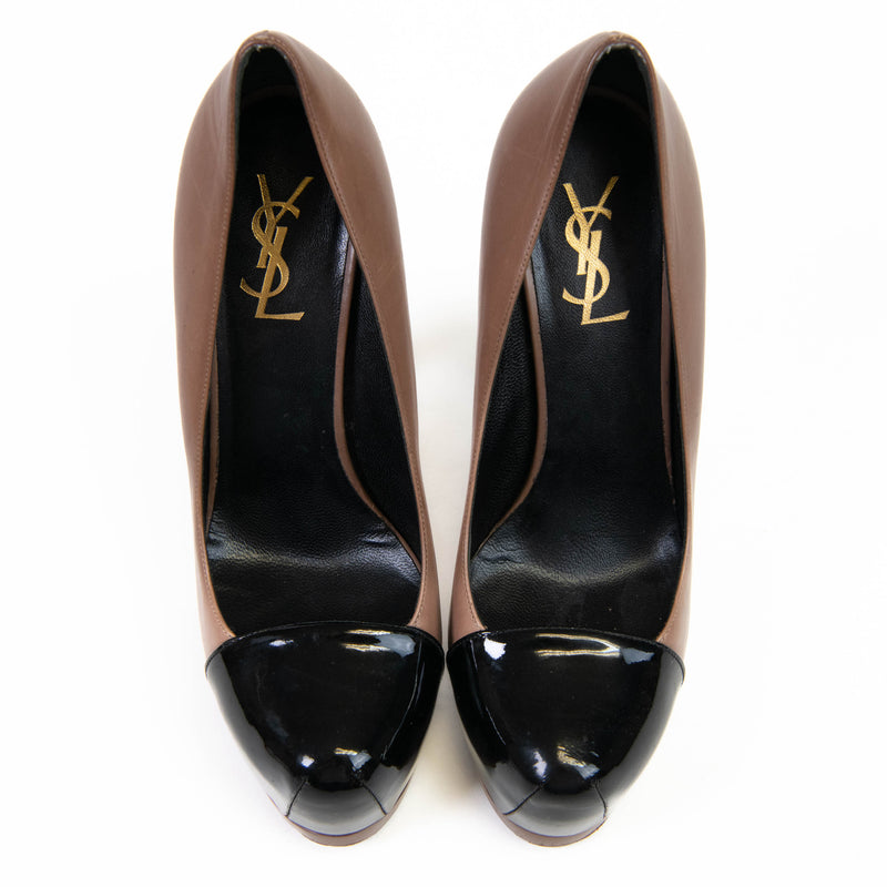 Saint Laurent Nude and Black Leather Patent Leather Tribtoo Color Block Pumps 39