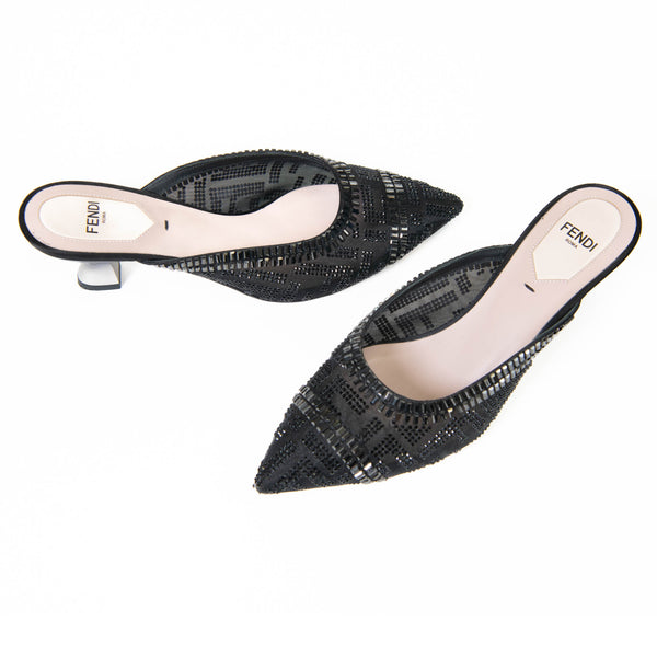 Fendi Black Mesh Crystal Embellished Pointed Toe Mules 36