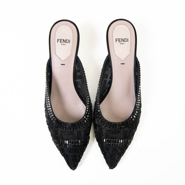 Fendi Black Mesh Crystal Embellished Pointed Toe Mules 36