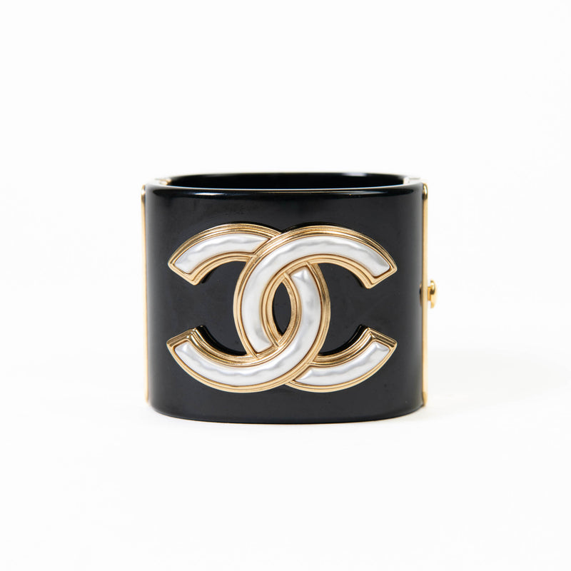 Chanel Black Resin Pearl & Gold CC Cuff