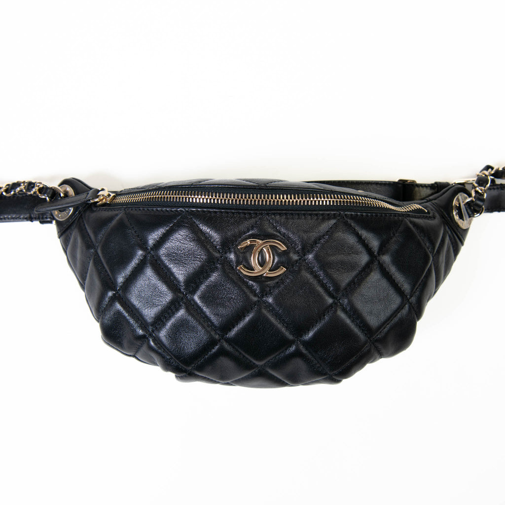 Chanel Black Lambskin Quilted Waist Bag Fanny Pack On Que Style