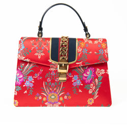 Gucci Red Jacquard Floral Sylvie Top Handle Bag