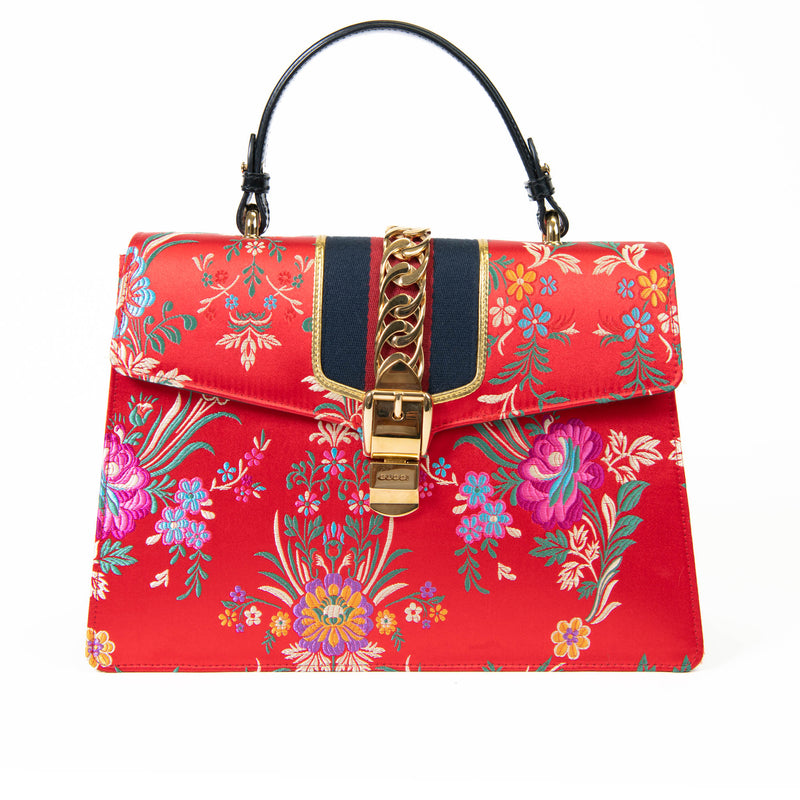 Gucci Red Jacquard Floral Sylvie Top Handle Bag