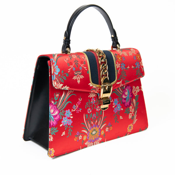 Gucci Red Jacquard Floral Sylvie Top Handle Bag