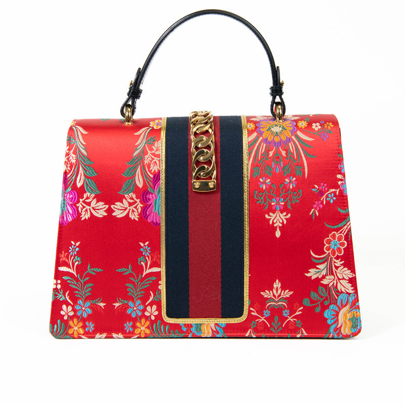 Gucci Red Jacquard Floral Sylvie Top Handle Bag